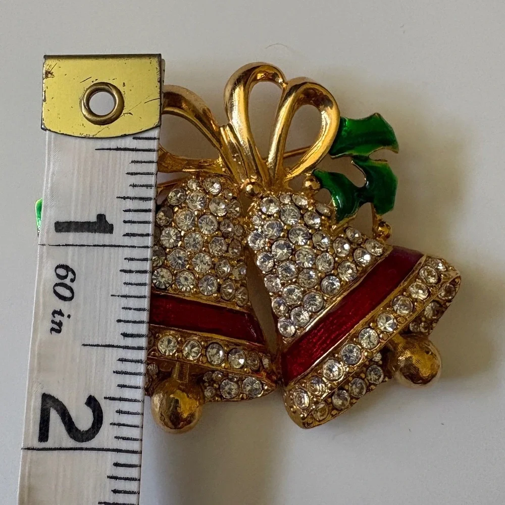 Christmas Bell Brooch Gold Tone Rhinestone Enamel Holly Holiday Pin